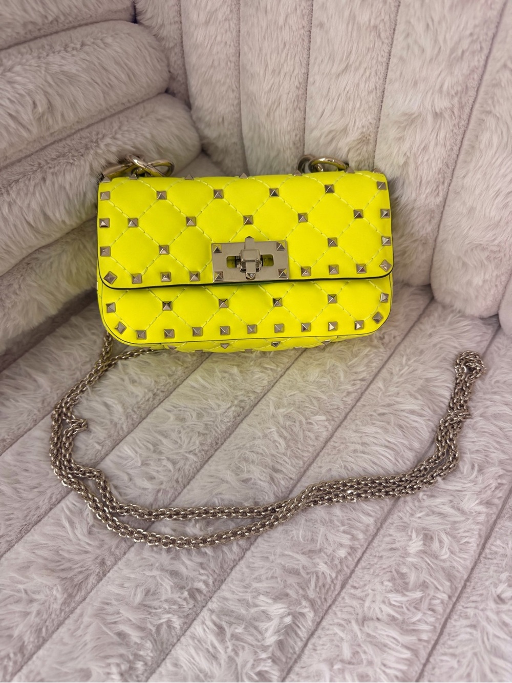 Valentino Quilted Neon Green Yellow Studded Chain Shoulder Bag